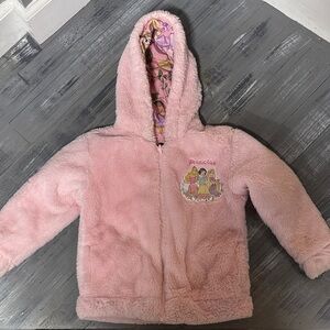 Pink Fuzzy Hooded Jacket with Princess Design